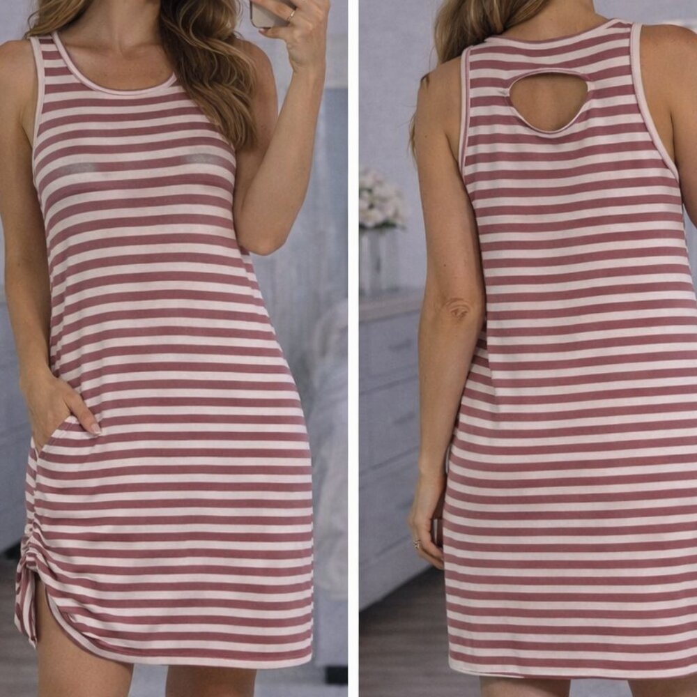 Poof New York Mauve & White Striped Cutout Back Tank Dress | L